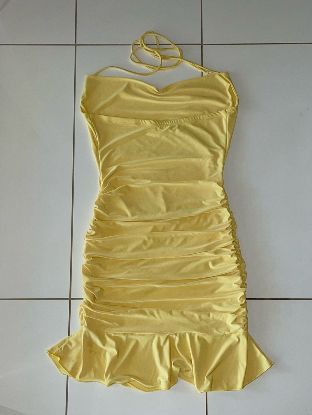 Yellow Halter Ruched Mini Dress with Ruffle Hem - Picture 2 of 2